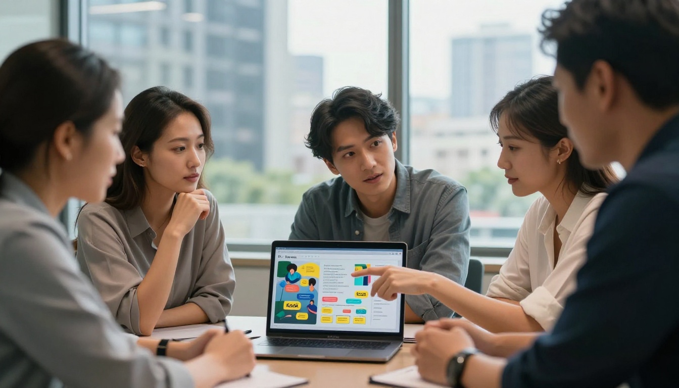 Three business professionals gathered around a laptop showing a colorful flipbook presentation in a glass-walled conference room Three business professionals gathered around a laptop showing a colorful flipbook presentation in a glass-walled conference room