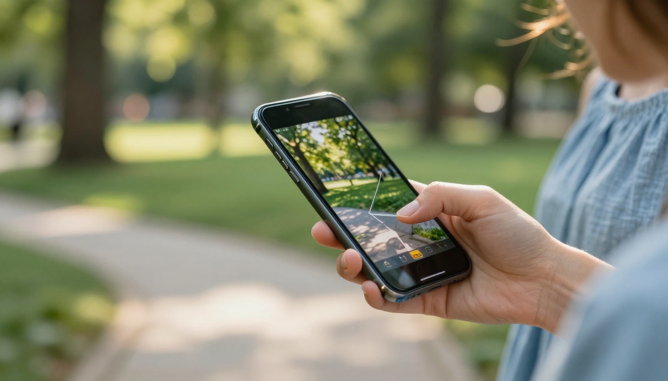 Woman's hand holding a smartphone with a digital flipbook mid-page-flip, sunny park background, bokeh Woman's hand holding a smartphone with a digital flipbook mid-page-flip, sunny park background, bokeh