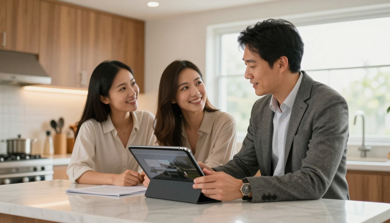 Real estate agent showing property flipbook on tablet to couple in modern kitchen