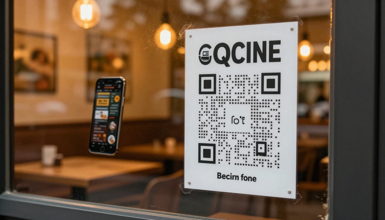 Restaurant owner posting QR code at entrance linking to digital menu flipbook