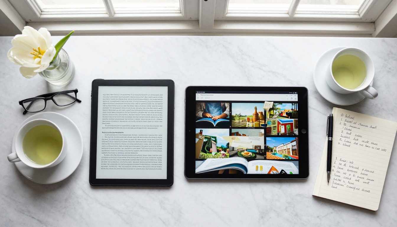 Flat lay top-down view of a Kindle e-reader and a tablet with a colorful flipbook side by side on marble Flat lay top-down view of a Kindle e-reader and a tablet with a colorful flipbook side by side on marble