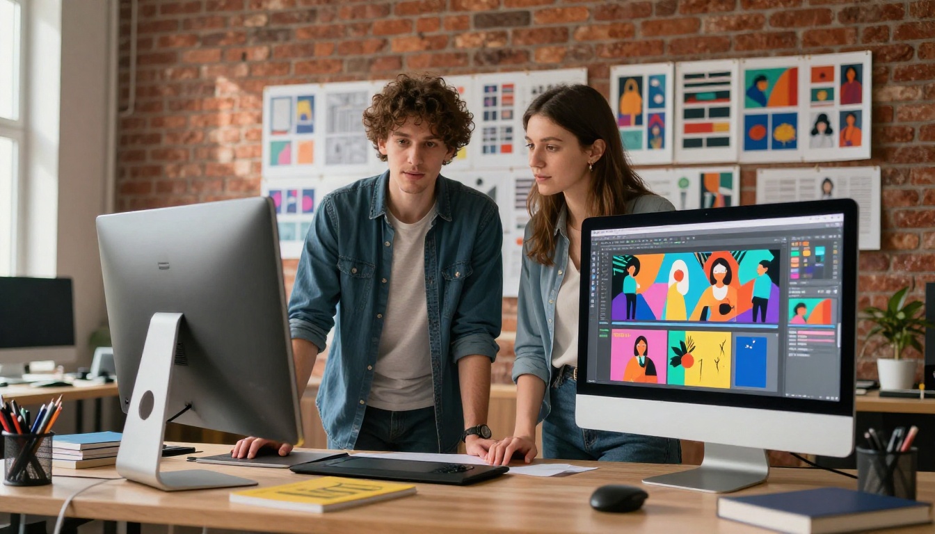 Graphic designers reviewing colorful flipbook design on large studio monitor Graphic designers reviewing colorful flipbook design on large studio monitor