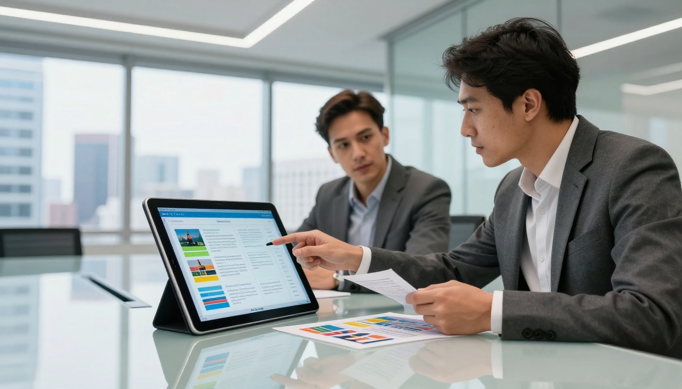 Two business professionals at a glass conference table reviewing a tablet with a digital flipbook