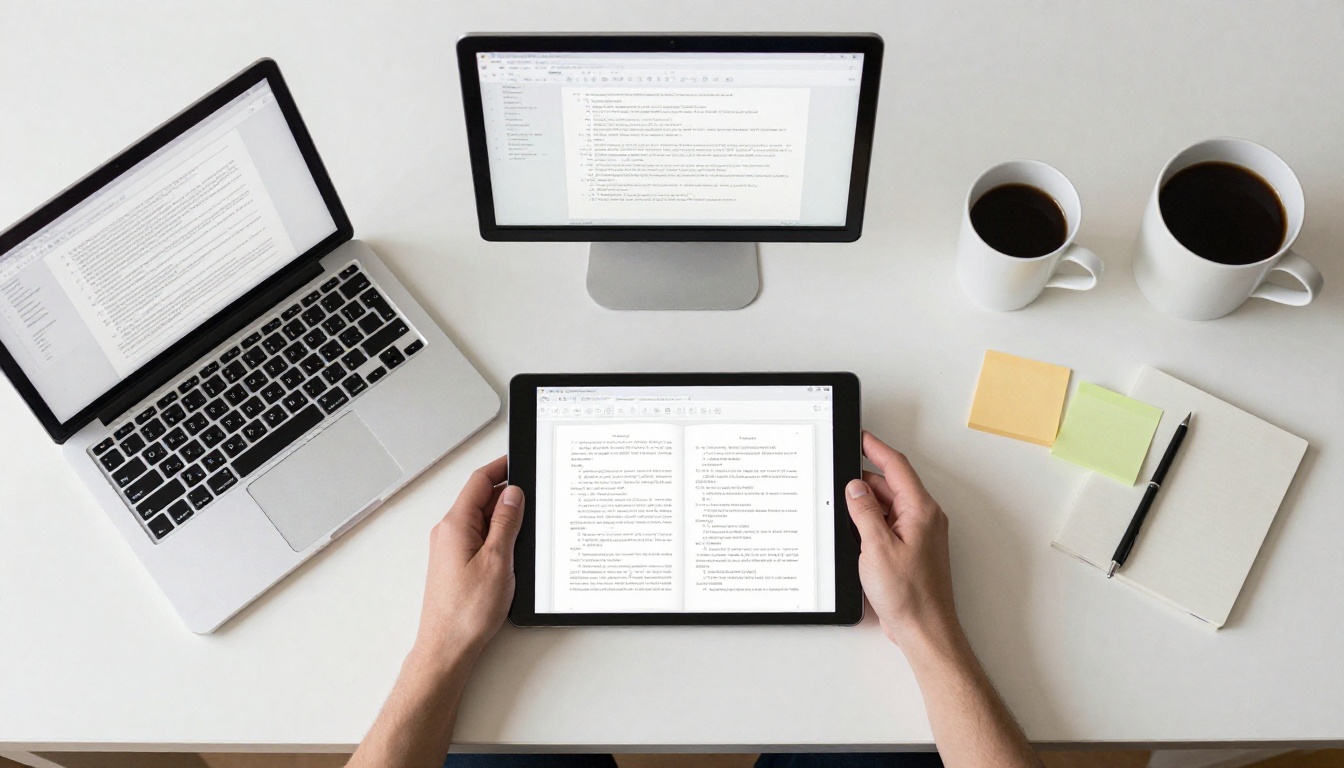 Aerial top-down view of two laptops and a shared tablet on a minimalist white desk