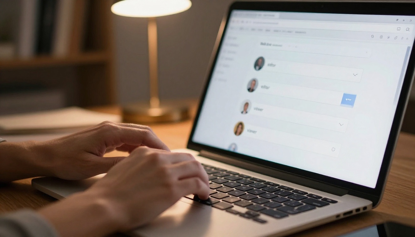 Close-up of hands on a laptop navigating permission settings with warm amber desk lamp light