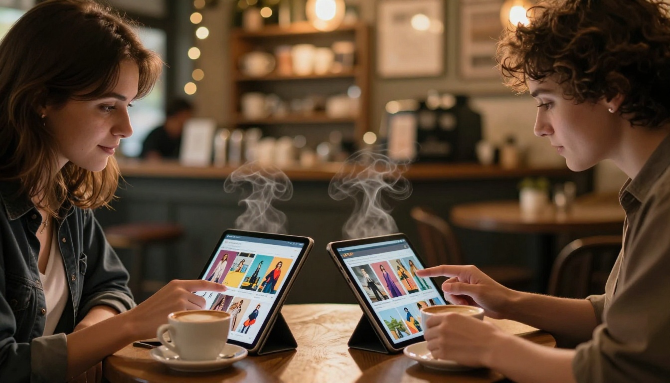 Two colleagues at a café table reviewing a fashion catalog flipbook on a tablet over morning coffee