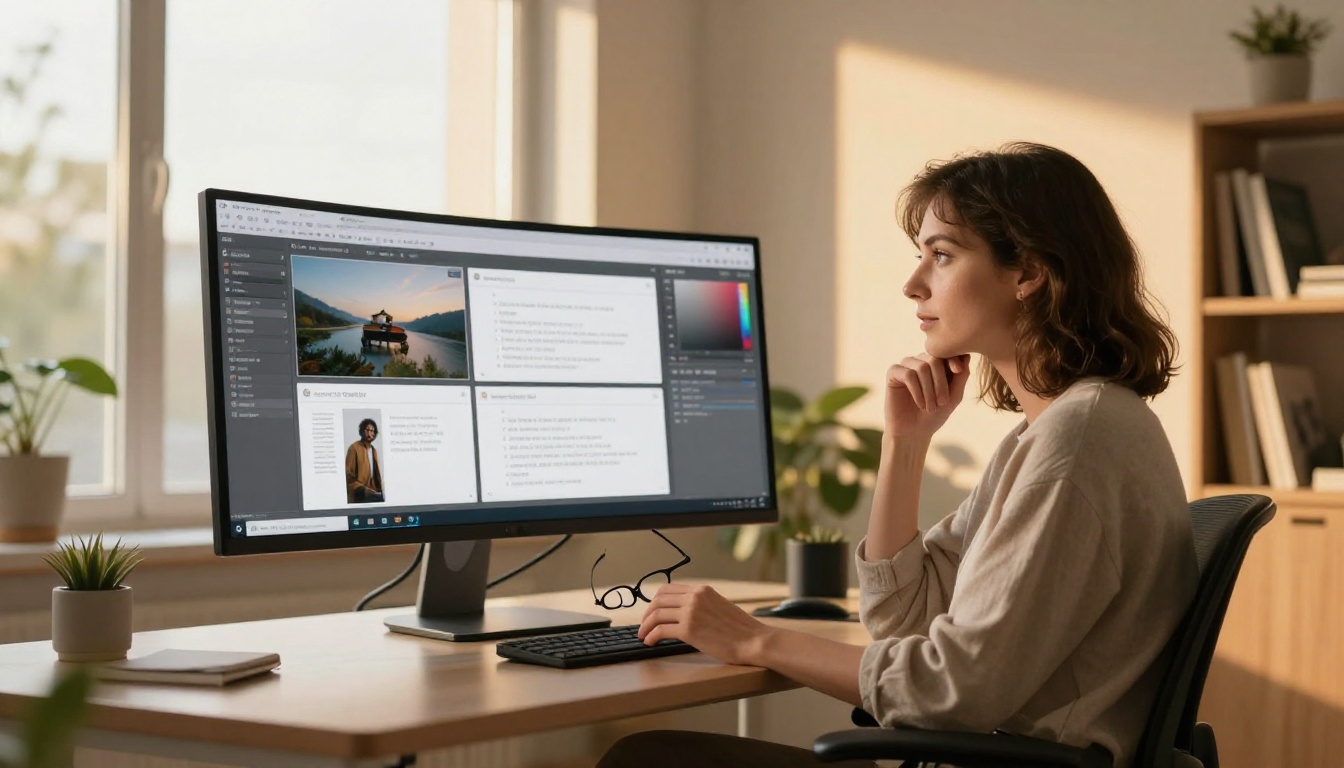 Professional woman at a curved standing desk reviewing a shared digital publication dashboard