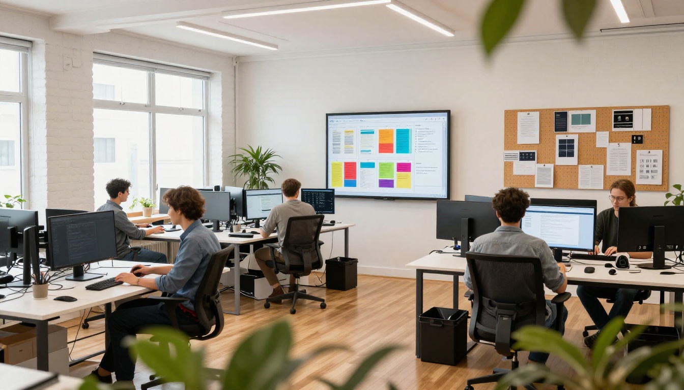Wide establishing shot of a modern creative studio with team members at desks and a shared flipbook on a display wall