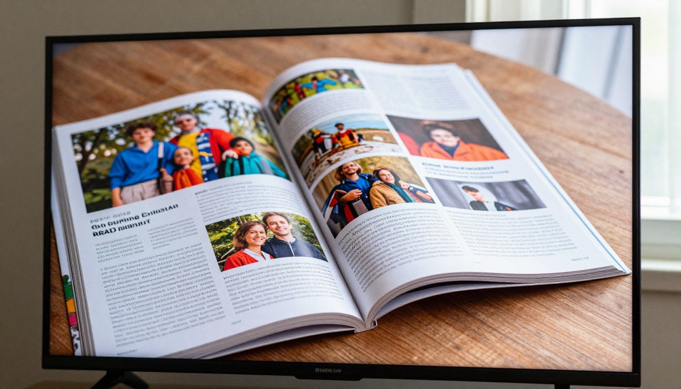 Digital flipbook displaying on a large Smart TV screen with vivid page detail Digital flipbook displaying on a large Smart TV screen with vivid page detail