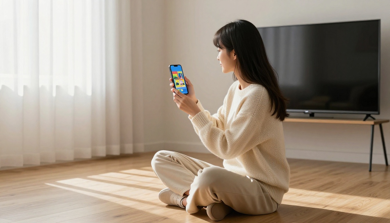 Woman screen mirroring a digital flipbook from her smartphone to a large Smart TV Woman screen mirroring a digital flipbook from her smartphone to a large Smart TV