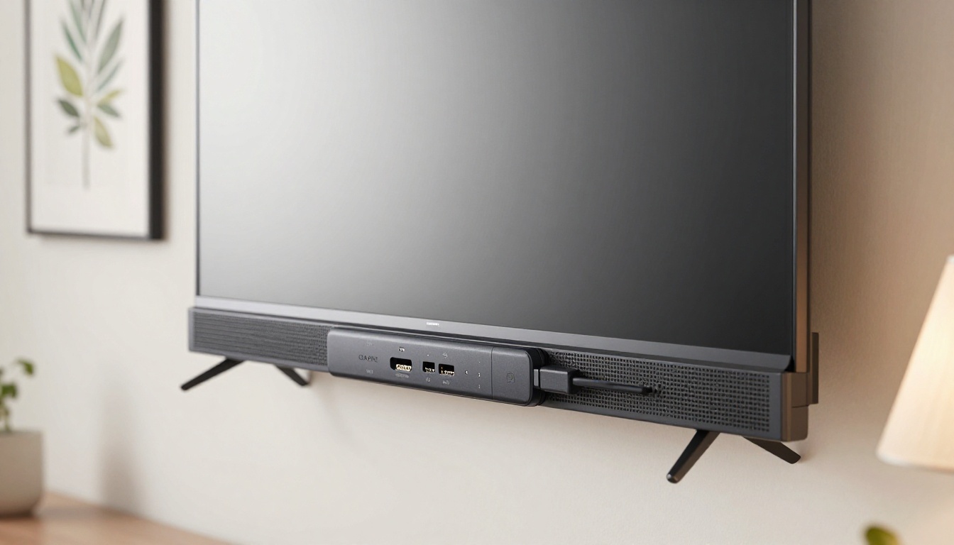 Chromecast streaming dongle plugged into the HDMI port of a Smart TV Chromecast streaming dongle plugged into the HDMI port of a Smart TV