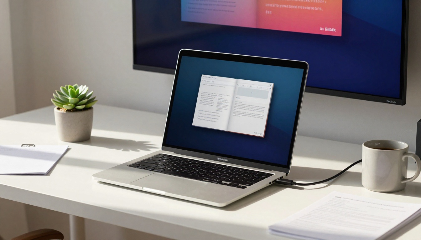 Laptop connected via HDMI cable to a large Smart TV displaying a digital flipbook Laptop connected via HDMI cable to a large Smart TV displaying a digital flipbook