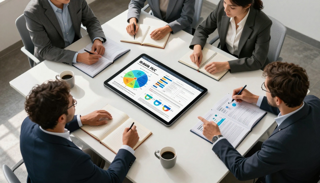 Marketing team reviewing flipbook analytics reports together at a conference table