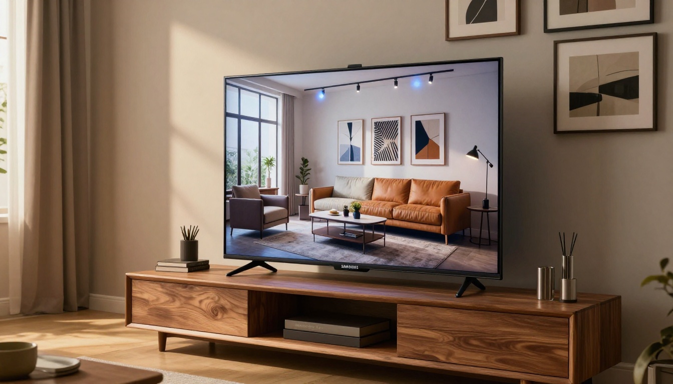 Digital product catalog displayed as a flipbook on a large Smart TV in a modern home office