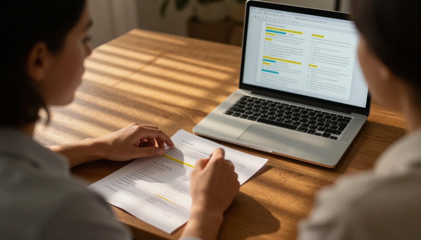 Woman reviewing analytics data and comparing reader reports at a wooden desk