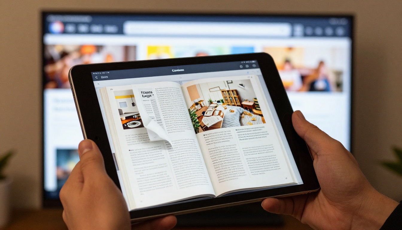 iPad displaying a digital flipbook with Smart TV showing the same content via AirPlay