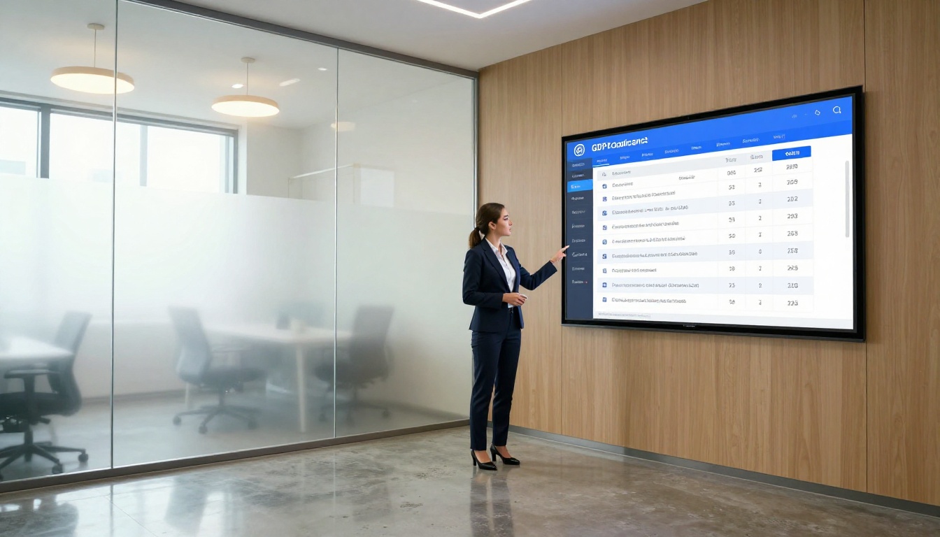 Compliance officer standing beside a large wall-mounted data privacy screen in a modern office Compliance officer standing beside a large wall-mounted data privacy screen in a modern office