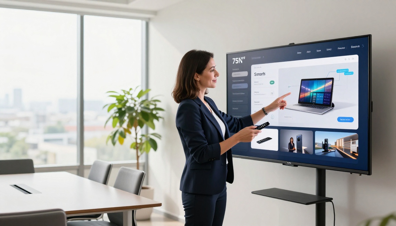 Businesswoman presenting a digital flipbook catalog on a Smart TV in a conference room