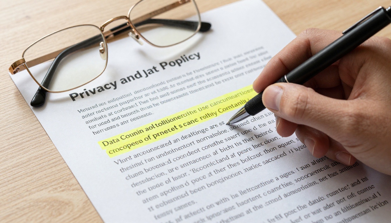 GDPR compliance document with reading glasses and pen pointing at highlighted text on a wooden desk