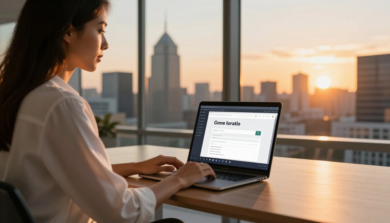 Woman at standing desk with email gate form visible on laptop screen over a city skyline