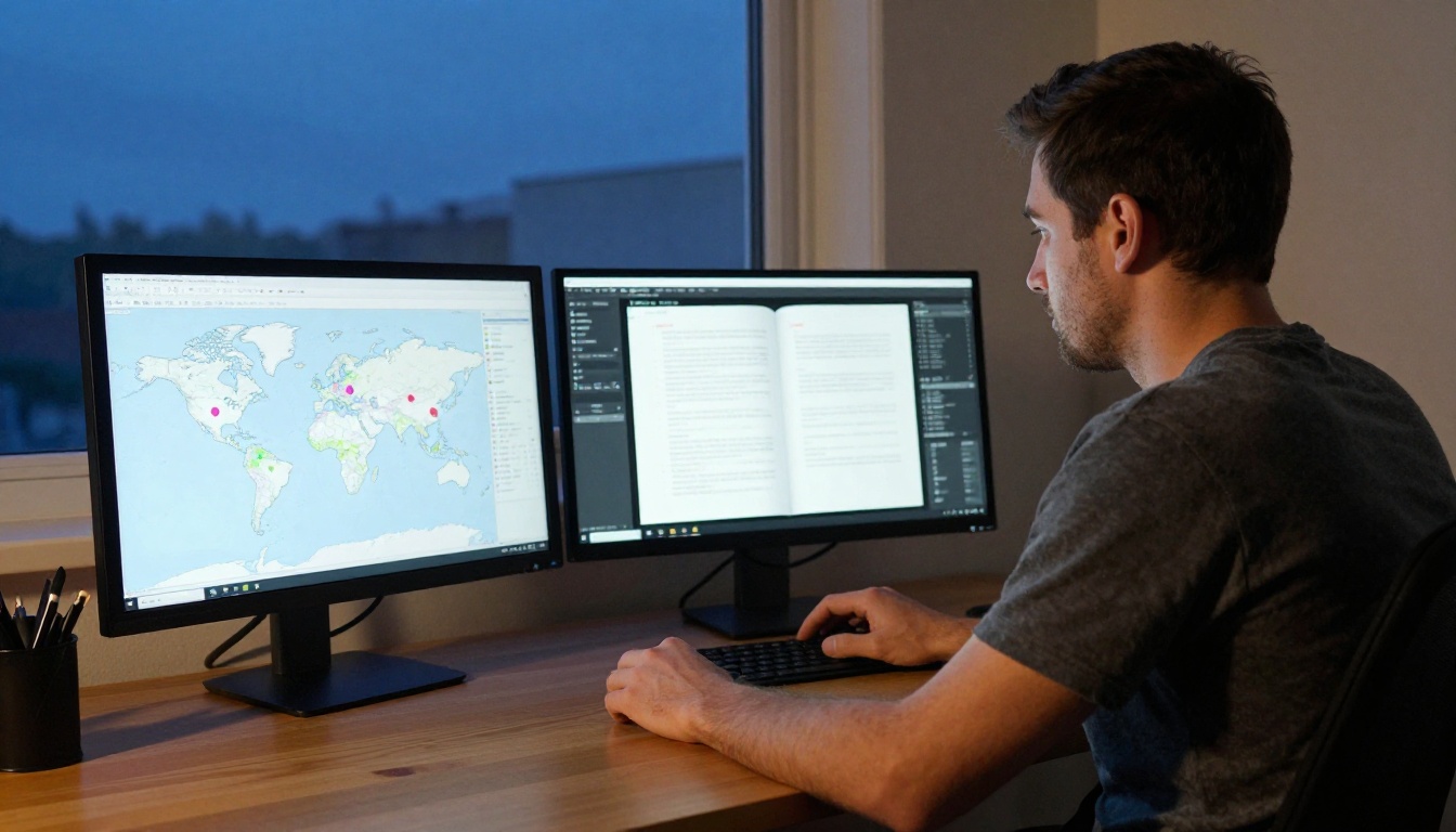 Man analyzing reader tracking data on dual monitors at a home office desk in morning light Man analyzing reader tracking data on dual monitors at a home office desk in morning light