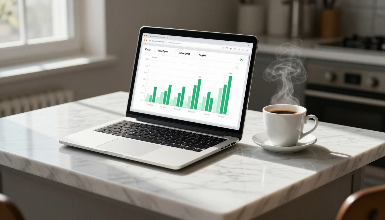Analytics dashboard on a laptop with an espresso cup on a marble kitchen counter in sharp morning light Analytics dashboard on a laptop with an espresso cup on a marble kitchen counter in sharp morning light