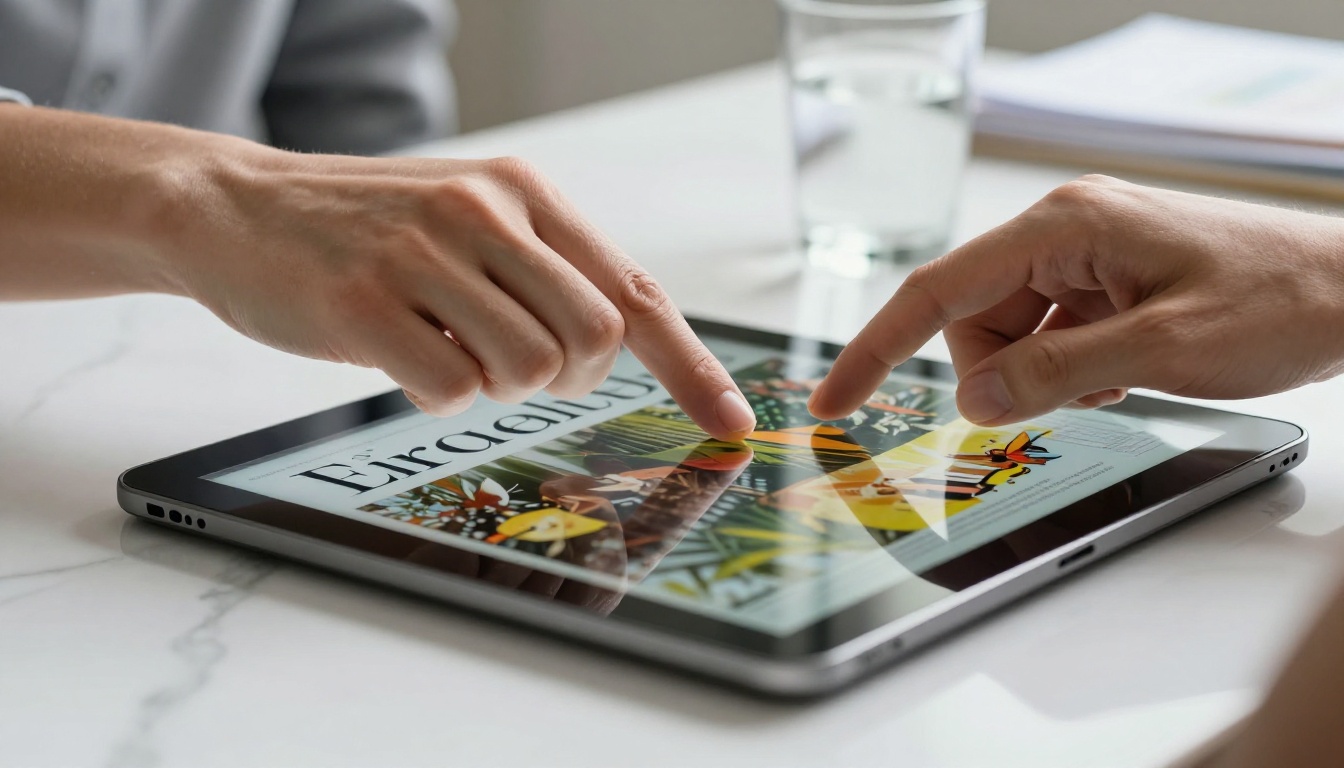 Digital flipbook being reviewed on tablet placed on white marble desk Digital flipbook being reviewed on tablet placed on white marble desk