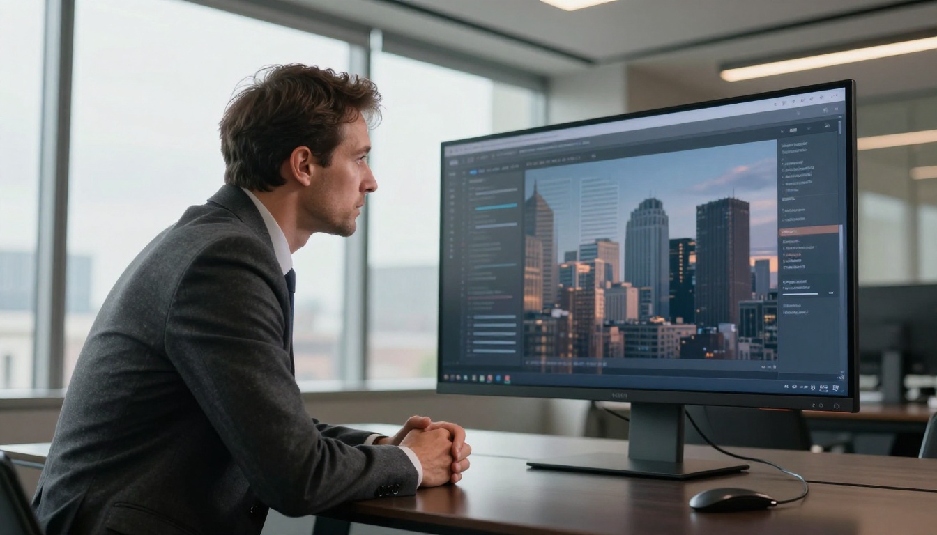 Business executive reviewing multi-page digital flipbook on widescreen monitor in boardroom