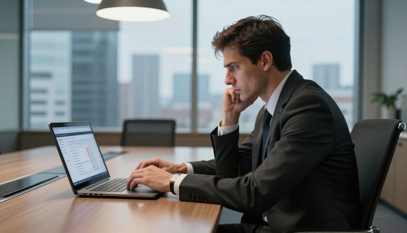 Businessman checking subscription management dashboard on laptop at conference table Businessman checking subscription management dashboard on laptop at conference table
