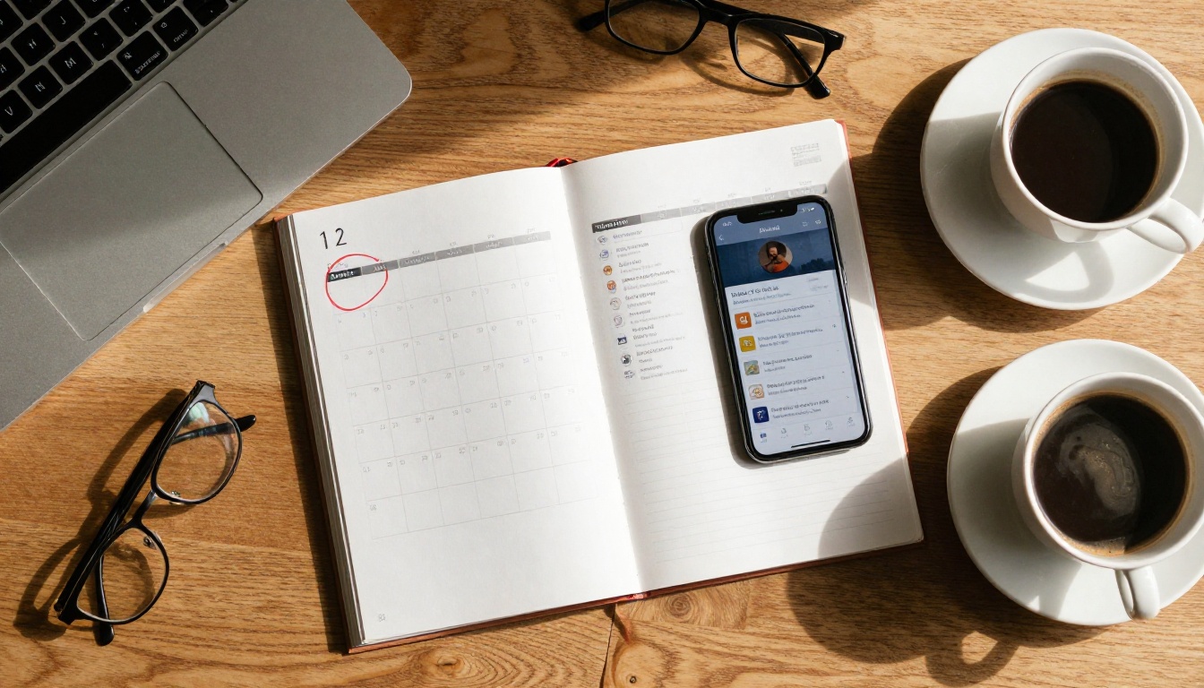 Calendar planner with renewal reminders next to smartphone displaying digital publication Calendar planner with renewal reminders next to smartphone displaying digital publication