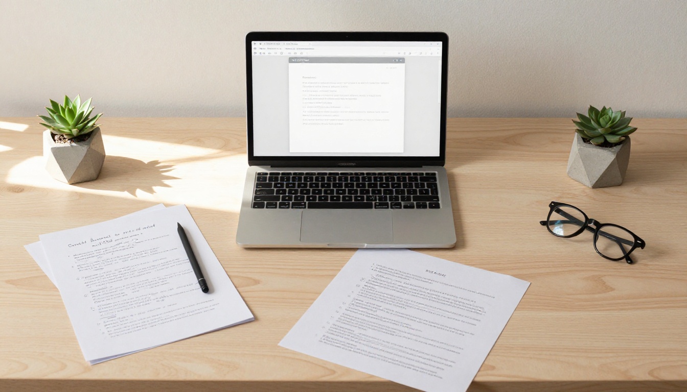 Aerial overhead desk view showing PDF document alongside flipbook preview panel with handwritten notes