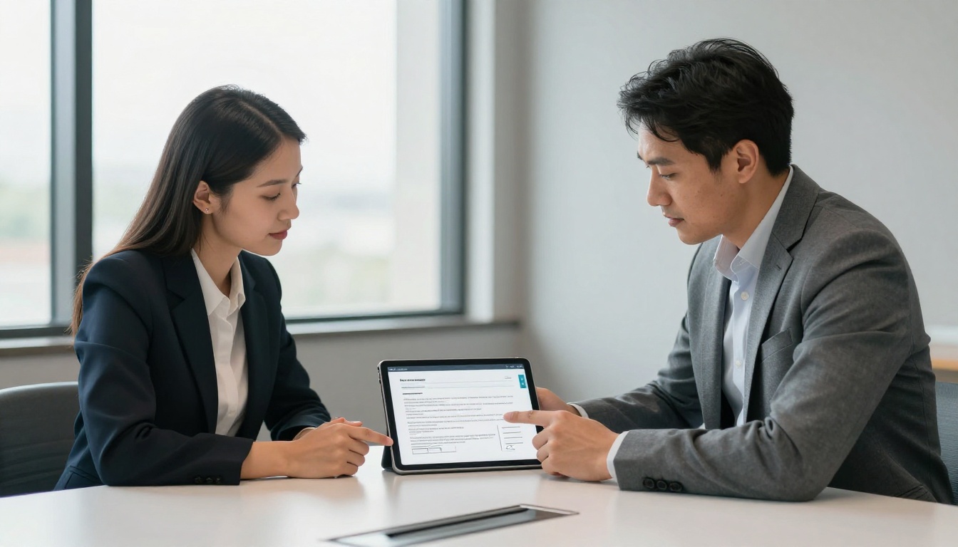 Two business professionals reviewing digital contract flipbook with interactive form fields on tablet