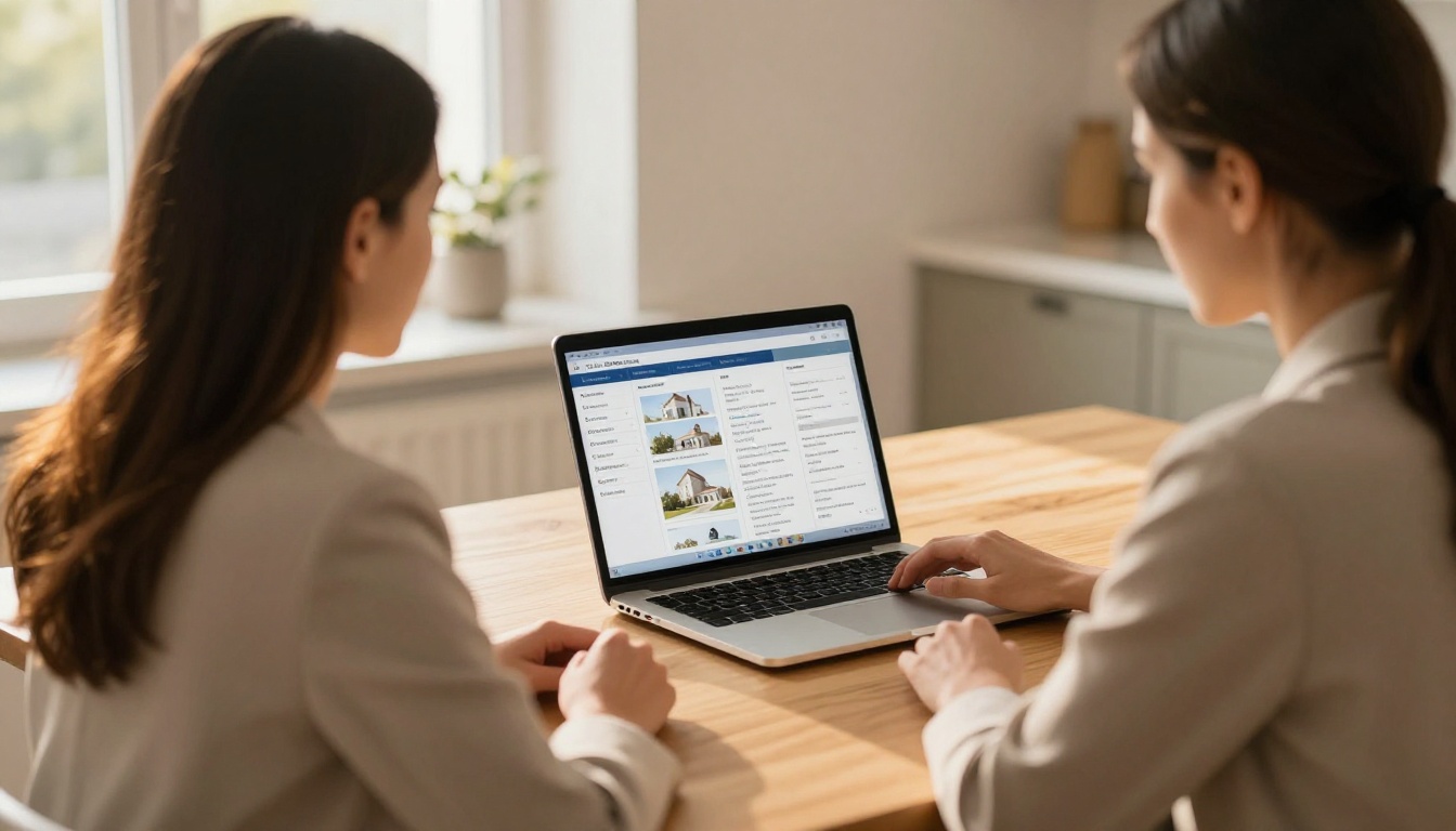 Real estate agent showing digital property brochure flipbook to client on laptop at kitchen table