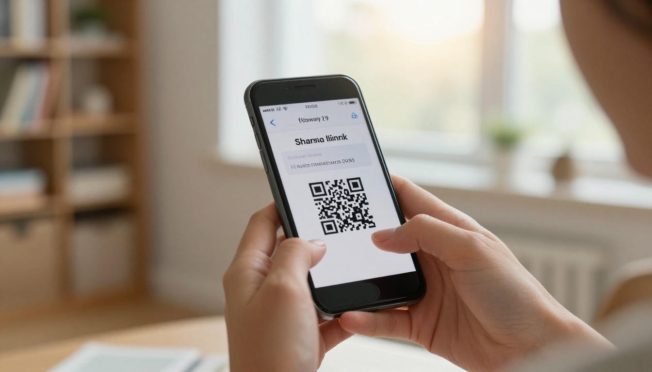 Woman holding smartphone displaying flipbook sharing interface with QR code near bright window Woman holding smartphone displaying flipbook sharing interface with QR code near bright window
