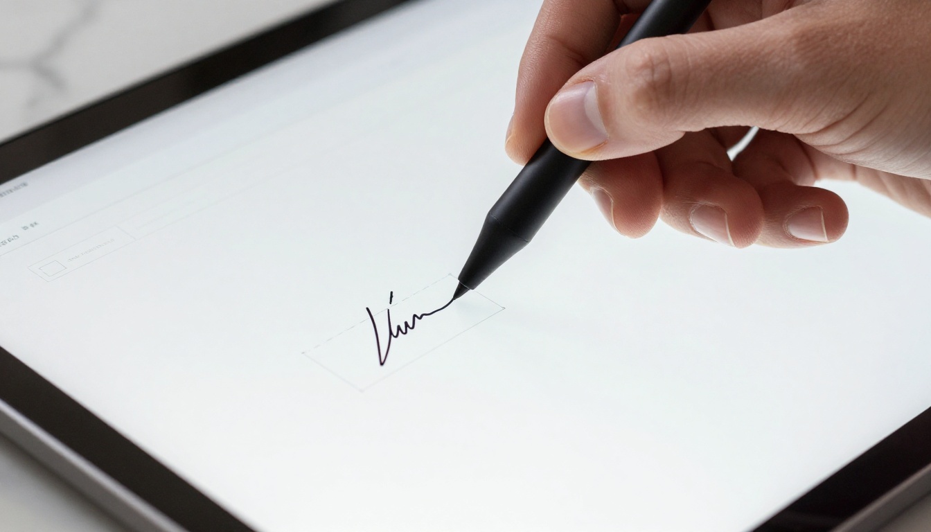 Close-up stylus signing digital signature field on tablet screen with marble desk surface background