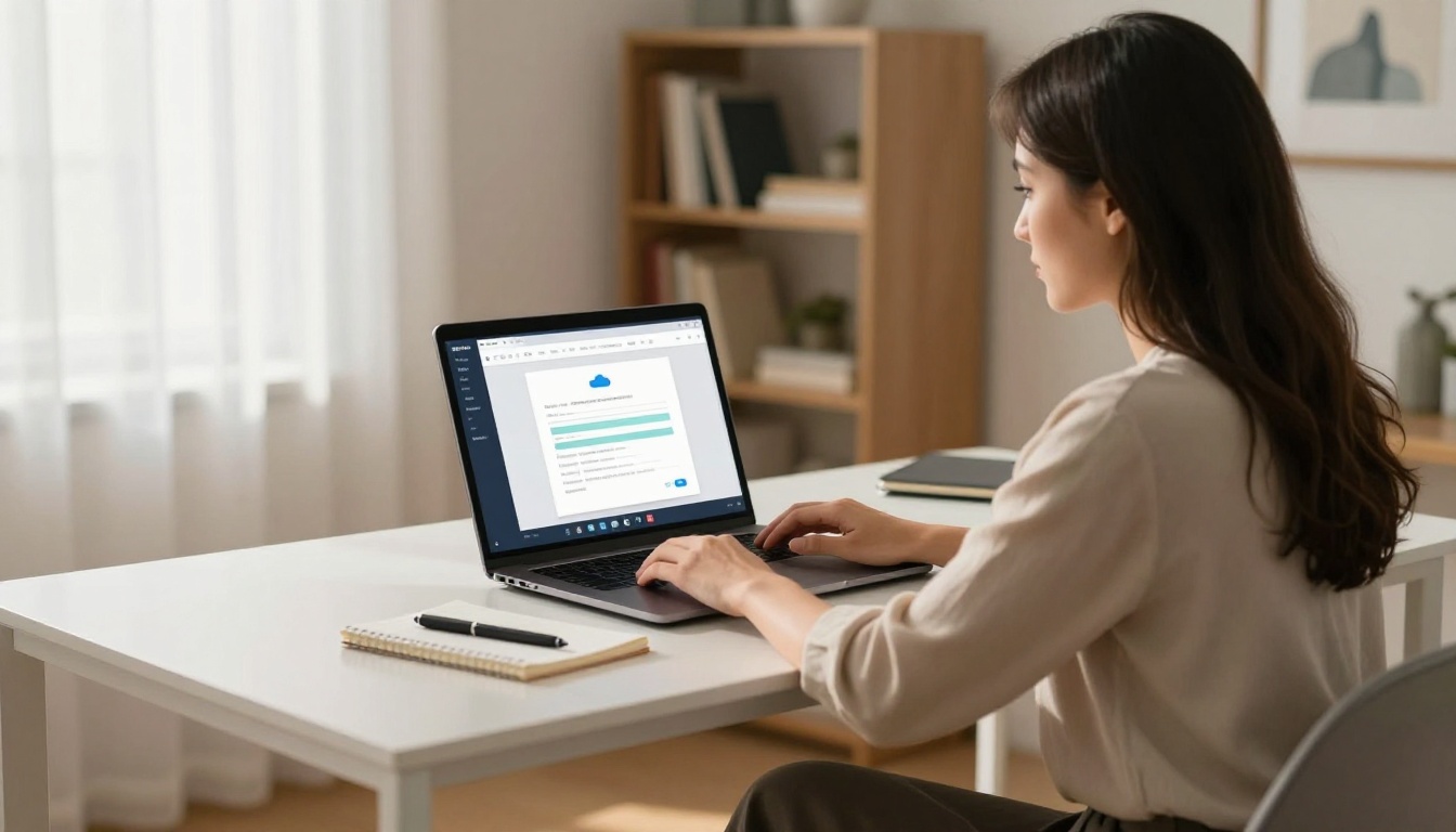 Woman uploading PDF document to cloud platform on laptop in bright home office