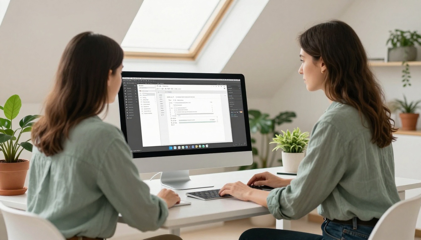 Freelance designer at standing desk in bright minimalist home studio with large curved monitor showing document platform