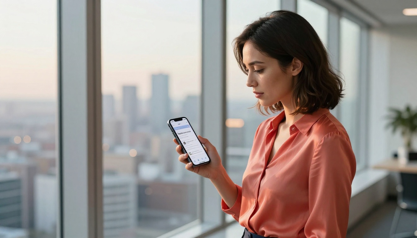 Professional woman reviewing digital sales proposal on smartphone near floor-to-ceiling windows in high-rise office