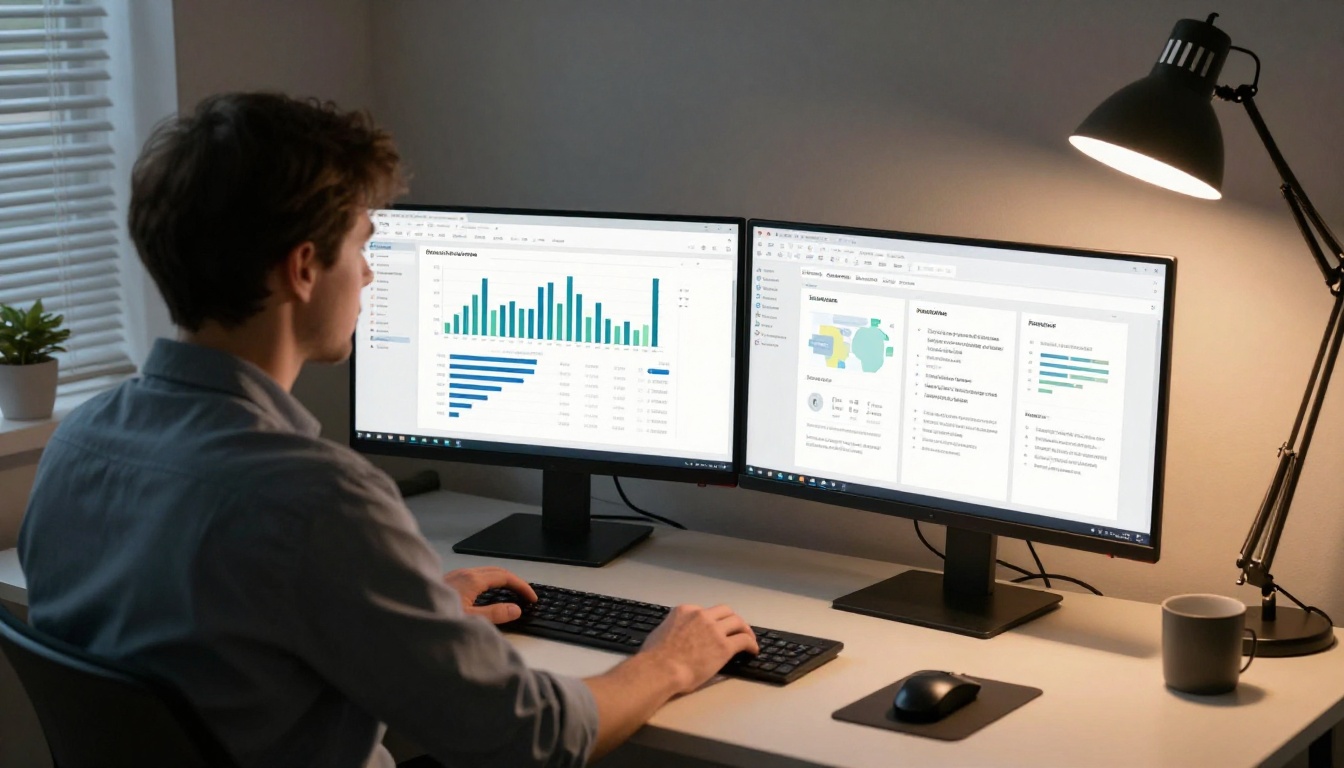 Man reviewing analytics dashboard on dual monitors in home office with warm desk lamp light