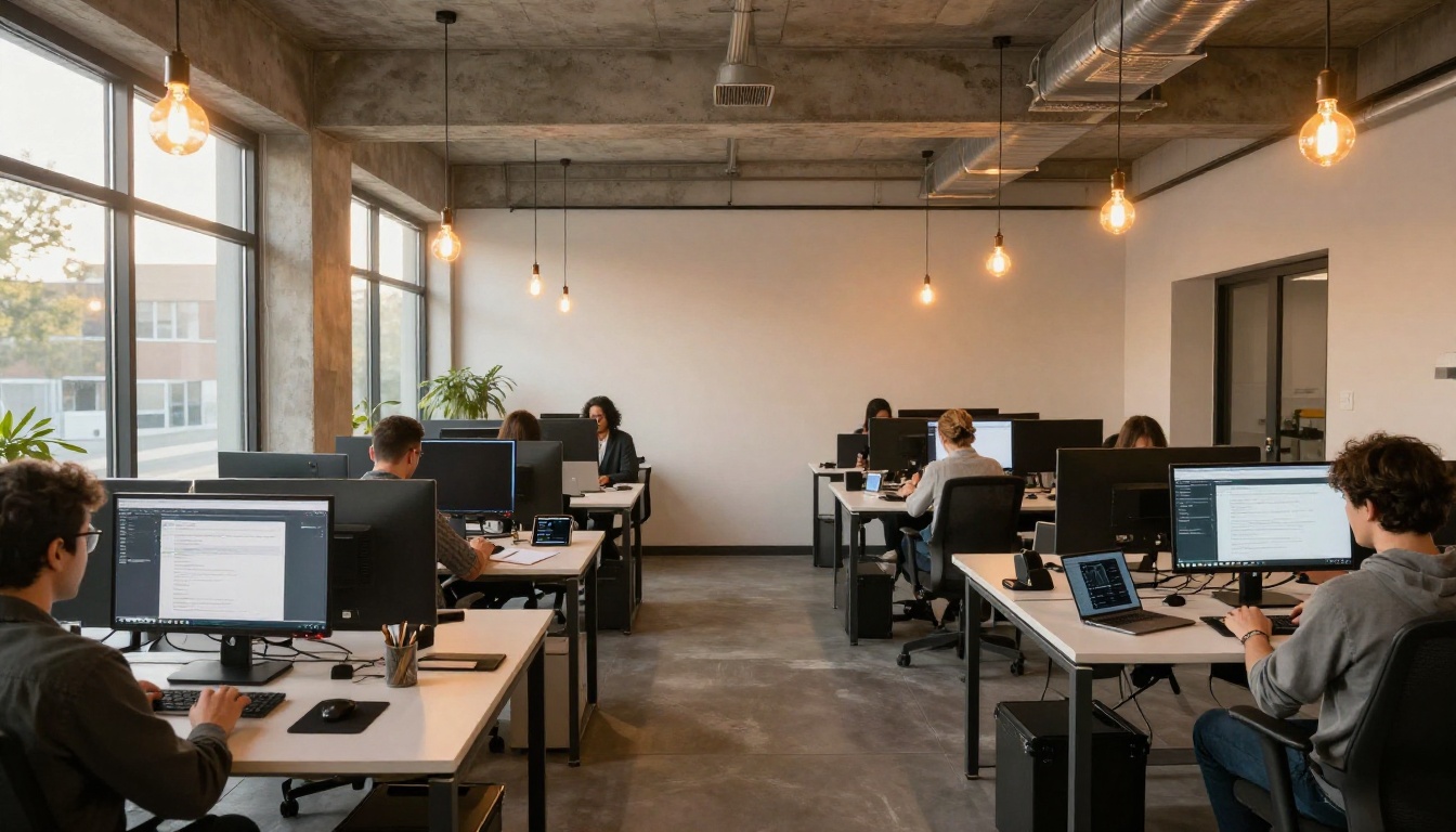 Wide shot of modern collaborative open-plan workspace with professionals working on digital documents across multiple devices