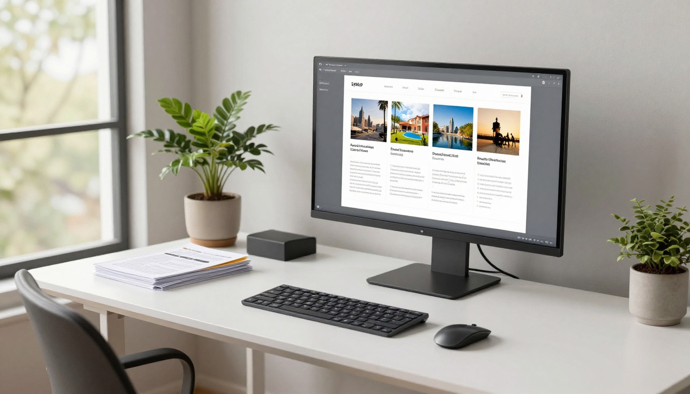 Wide modern home office with standing desk setup and large monitor displaying digital flipbook