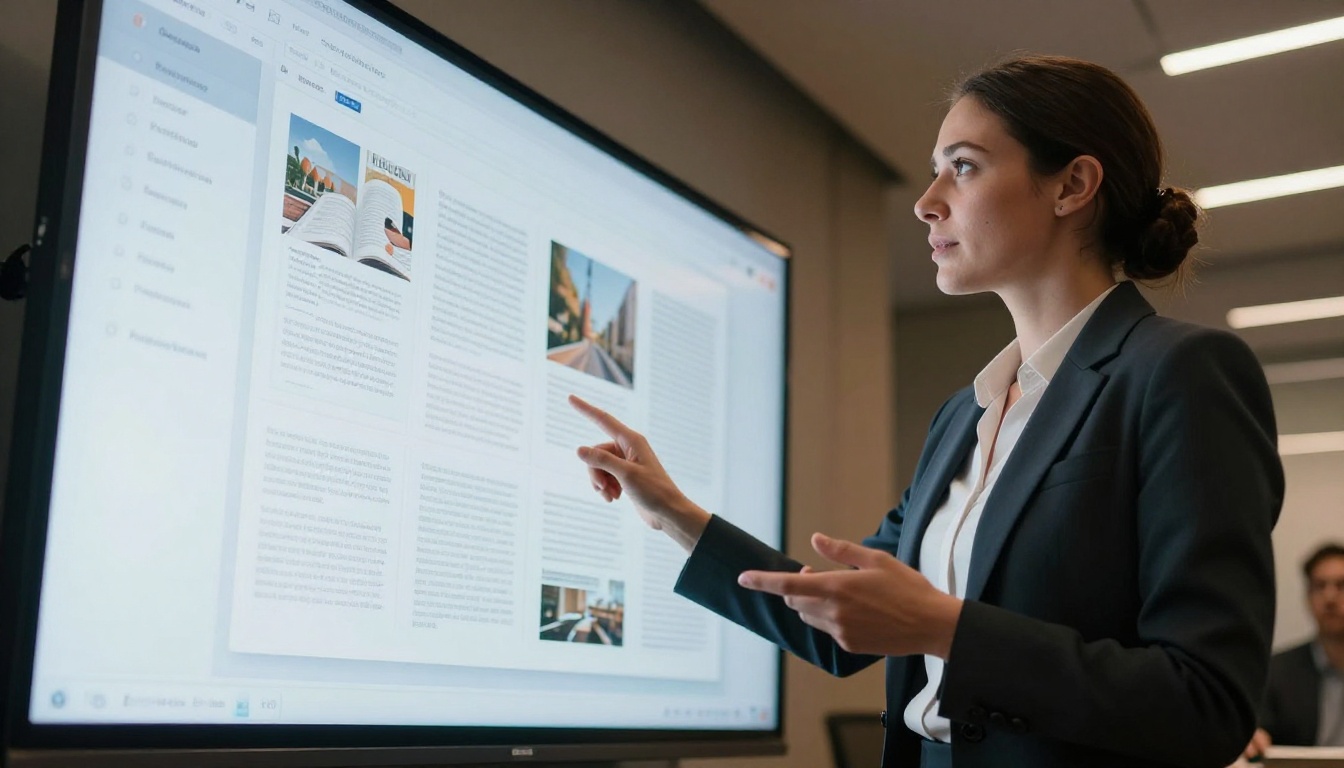 Businesswoman gesturing toward large boardroom screen showing digital flipbook presentation