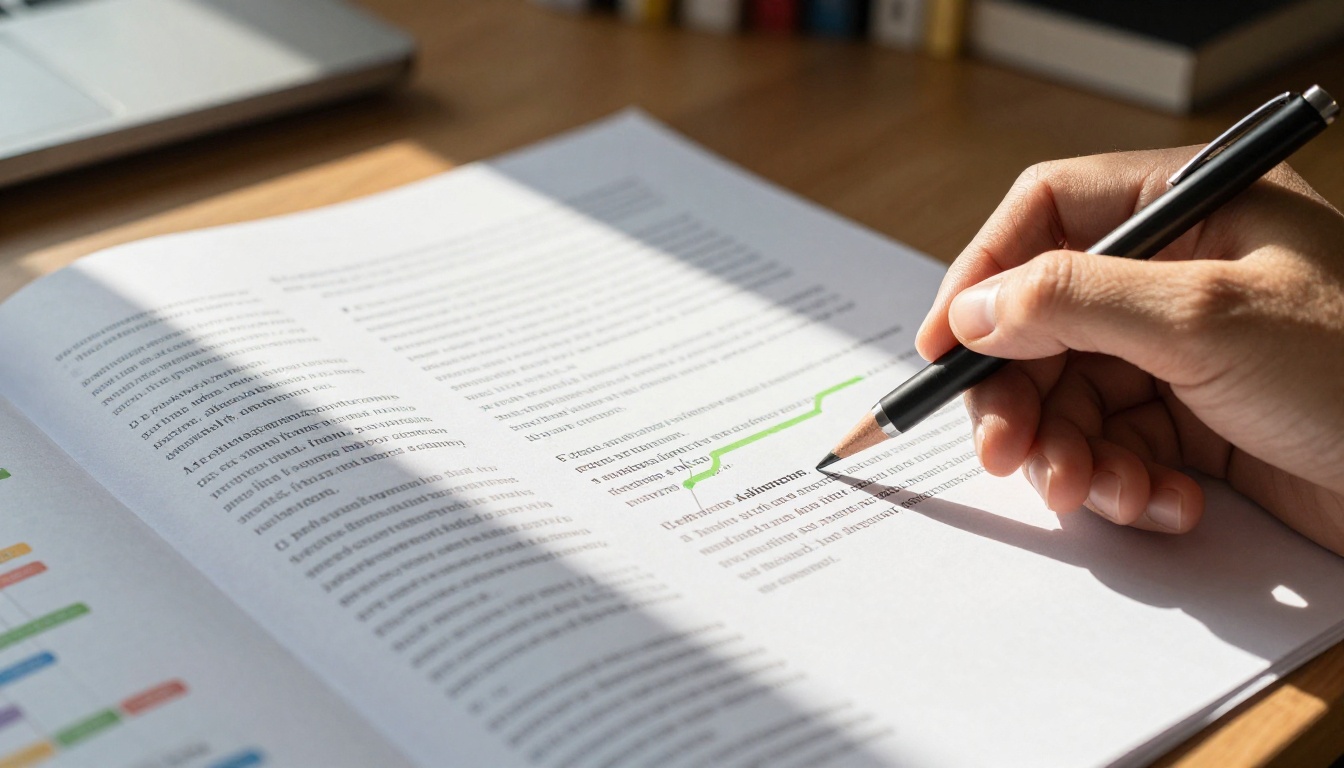 PDF document with rich layout and charts spread open on a desk in warm afternoon light from a tall window