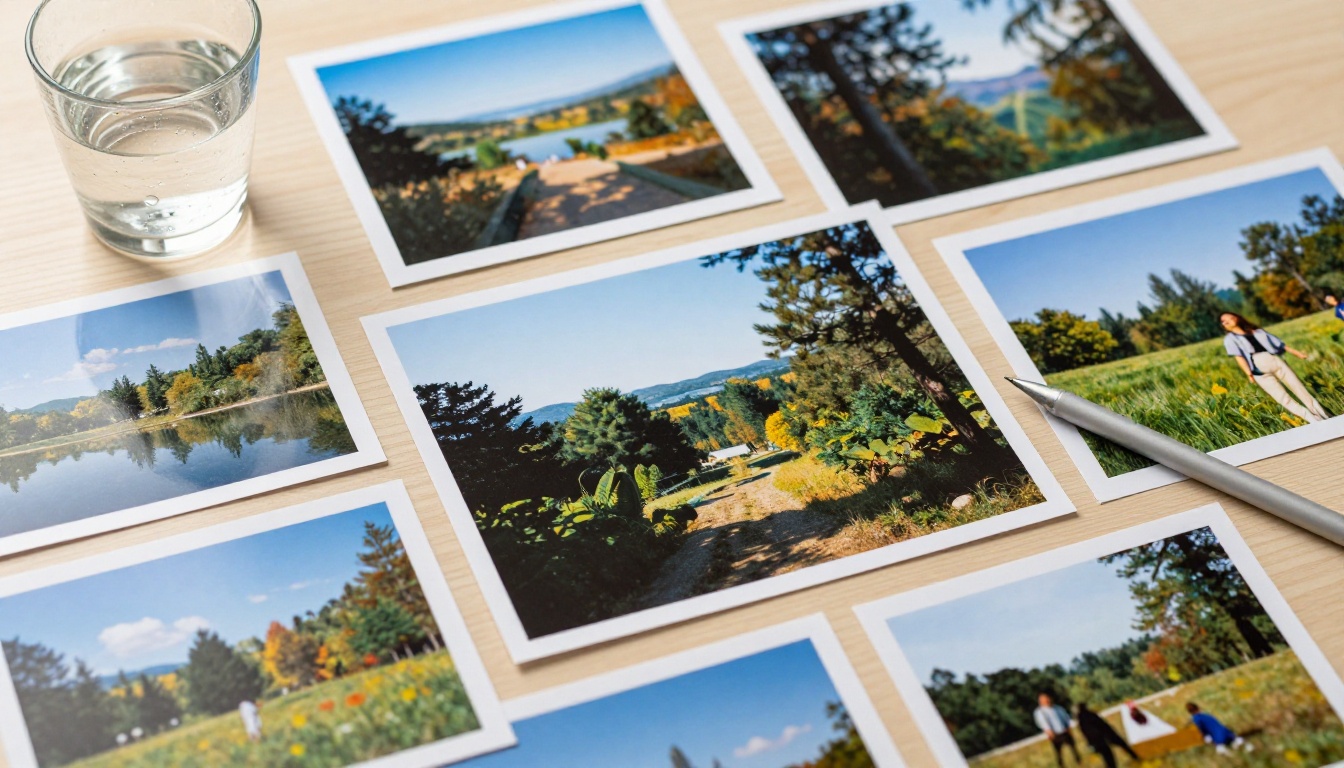 Colorful printed photographs arranged in a flat lay grid on a birch wood table in soft natural diffuse daylight