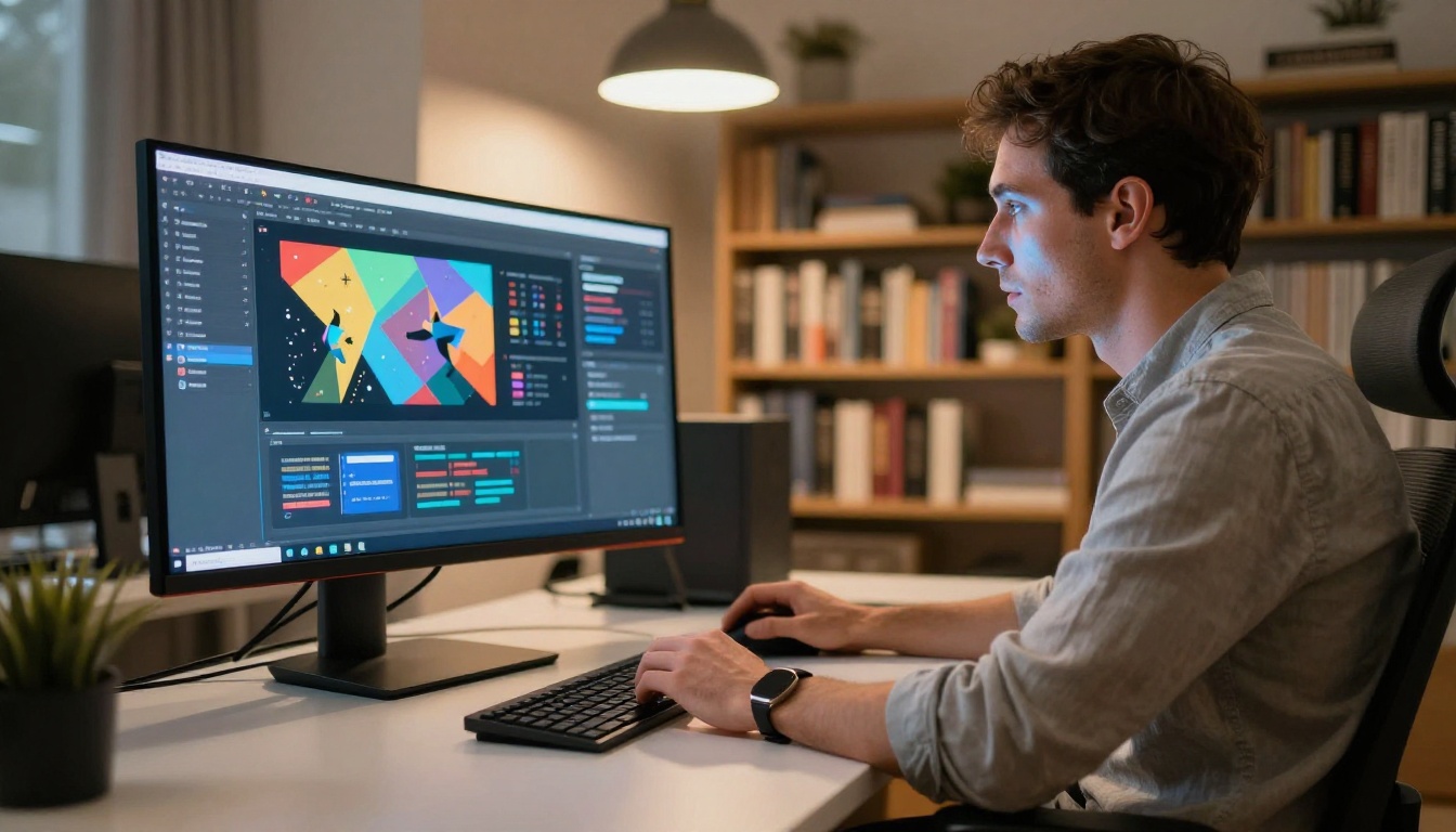 Designer in a grey linen shirt reviewing a colorful slide deck on an ultrawide monitor in warm ambient pendant light