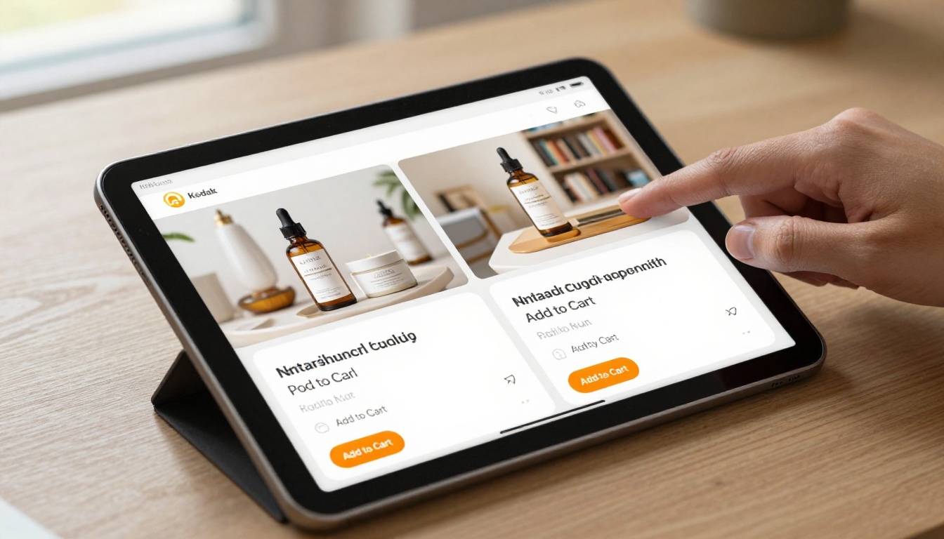 Interactive flipbook showing shoppable product catalog with cart overlays on tablet screen