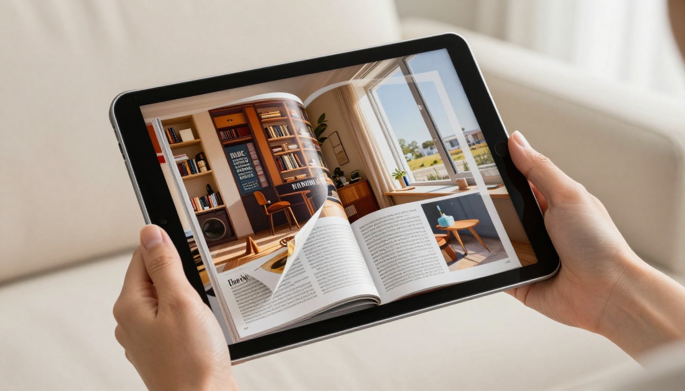 Modern iPad Pro held in a woman's hands showing a digital flipbook with a page elegantly mid-curl, soft diffuse window light from the right Modern iPad Pro held in a woman's hands showing a digital flipbook with a page elegantly mid-curl, soft diffuse window light from the right