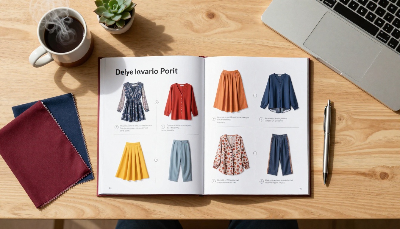 Overhead flat-lay of a fashion product catalog with clickable link indicators, coffee, and fabric swatches on birch table
