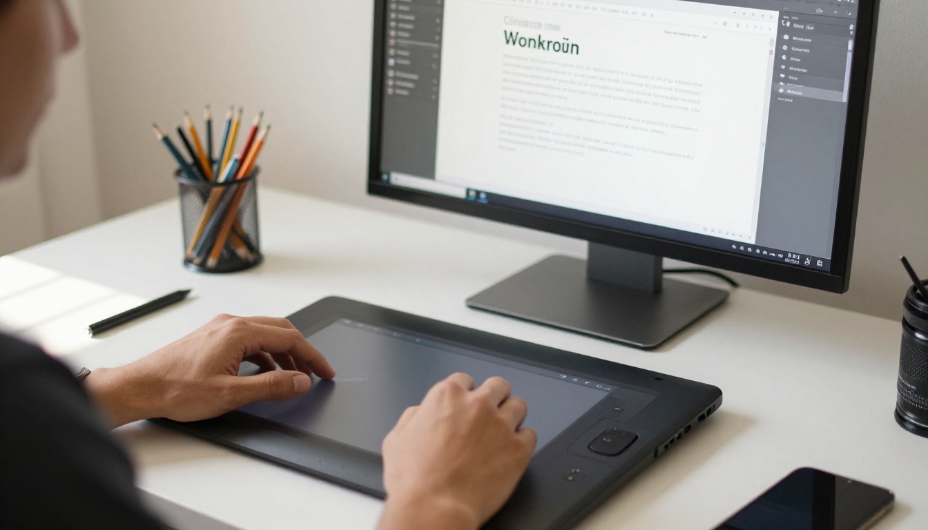 Graphic designer's hands working on a drawing tablet with a formatted Word document visible on a large monitor, warm skylight overhead
