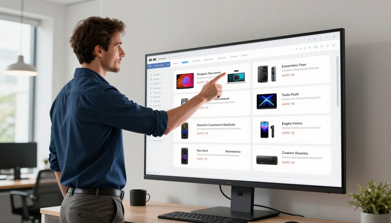 Low-angle shot of e-commerce manager pointing at interactive digital catalog displayed on large wall monitor